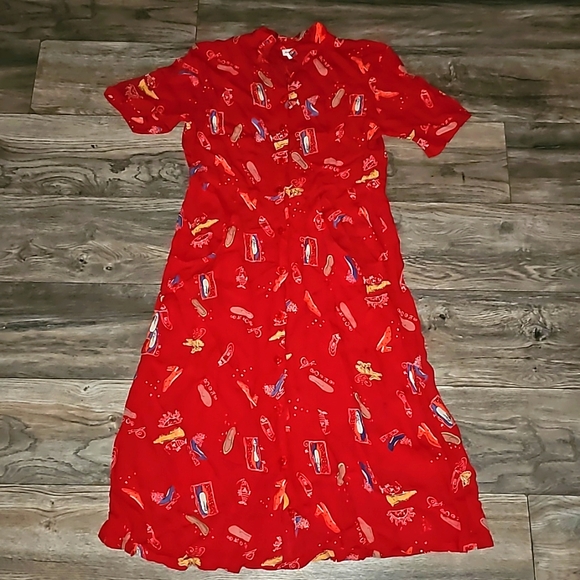 Vintage Button Down dress medium red shoe- print pockets lightweight ♥️ B1 - Picture 1 of 8